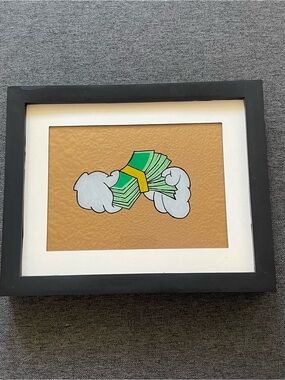 Framed Glass Art Print - Green Money Stack on Gold Background